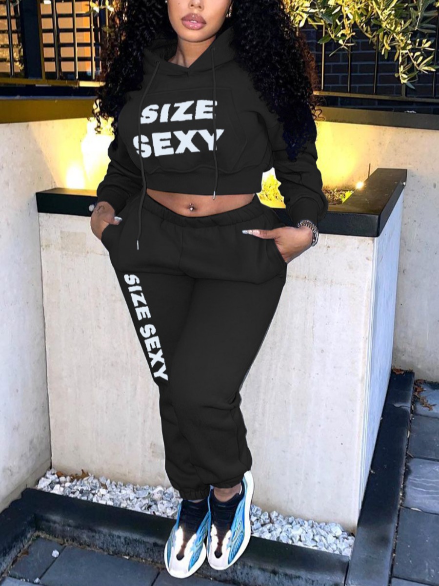 

LW Hooded Collar Letter Print Tracksuit Set, Black
