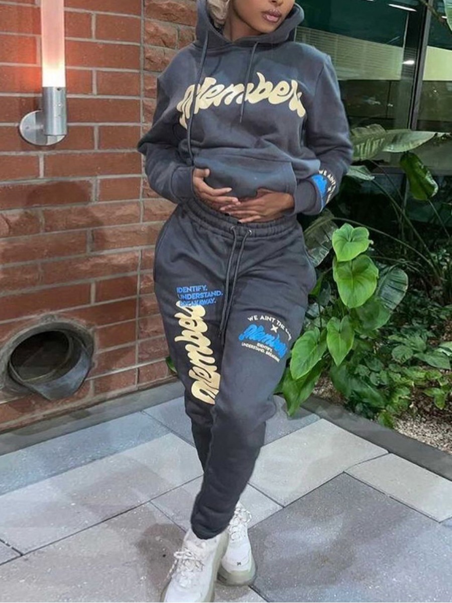 

LW Letter Print Drawstring Tracksuit Set, Grey