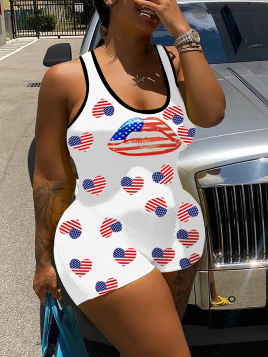 

LW Plus Size Scoop Neck Flag Print Skinny Romper, White