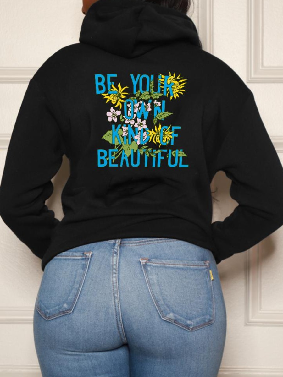 

LW Floral Letter Print Hoodie, Black
