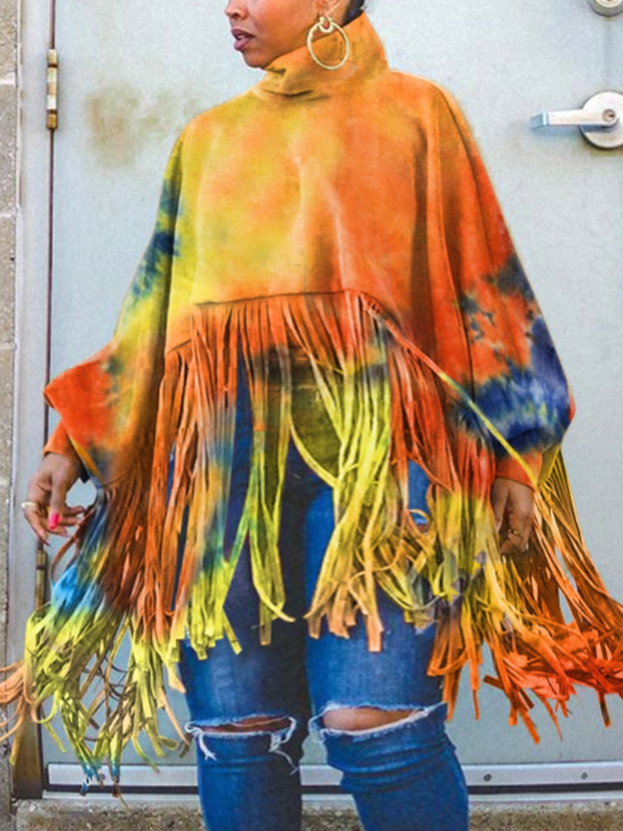 

LW Plus Size Tassel Design Tie Dye Oversized Blouse, Orange