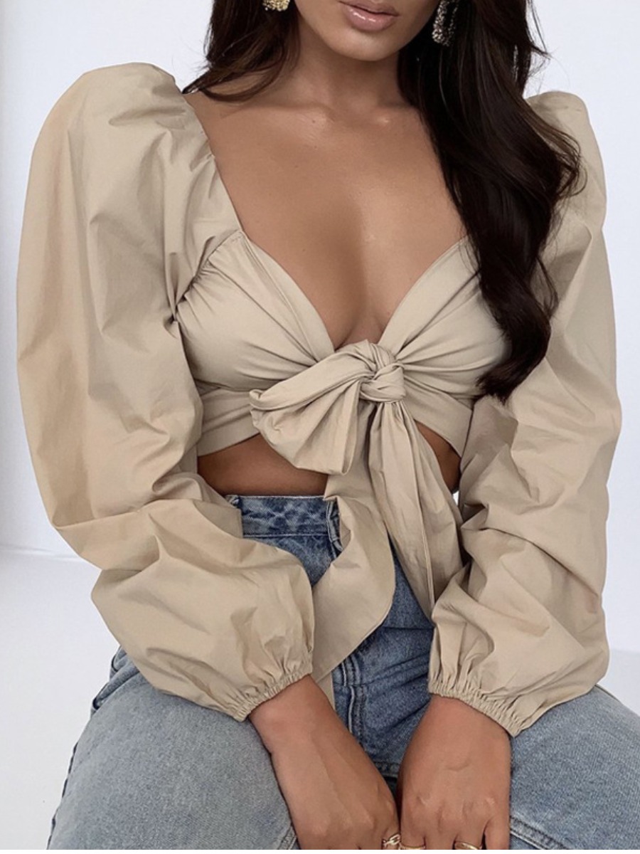 

LW SXY Puff Sleeve Bandage Design Blouse, Khaki