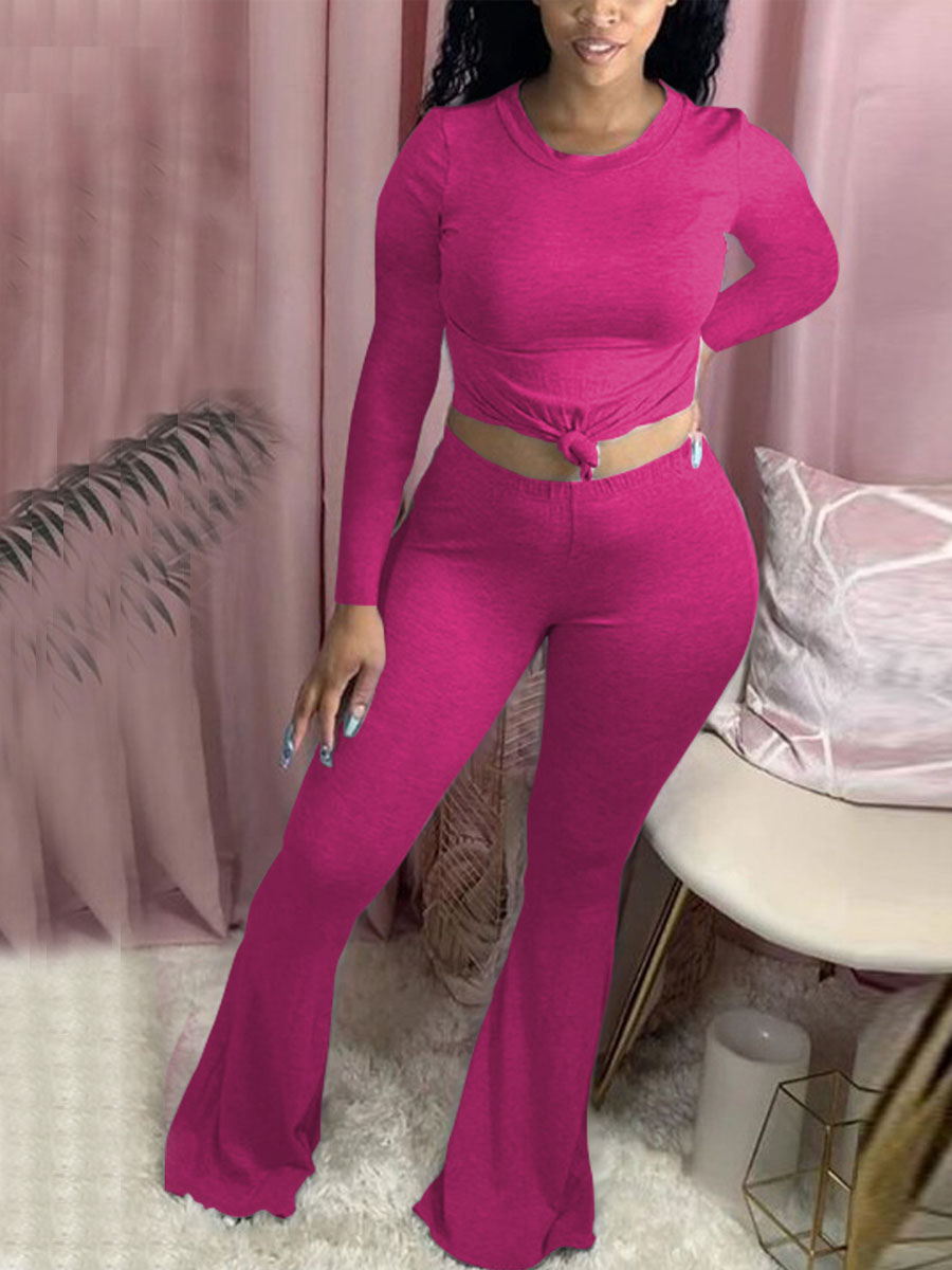 

LW BASICS Round Neck Flare Hem Solid Pants Set, Rose red
