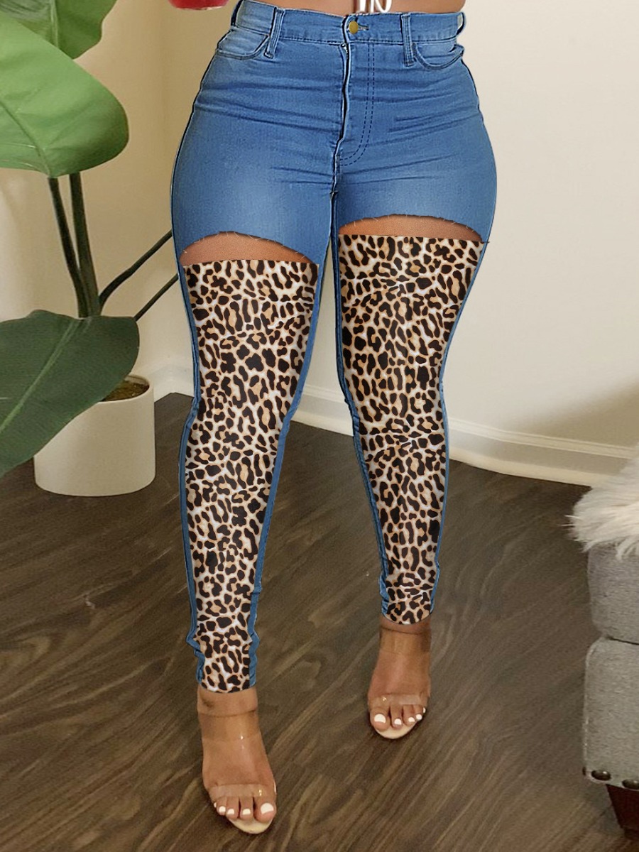LW Stretchy Leopard Print Ripped Jeans