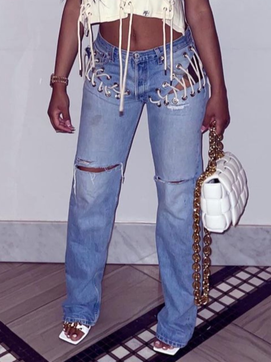 

LW Ripped Bandage Design Jeans, Baby blue