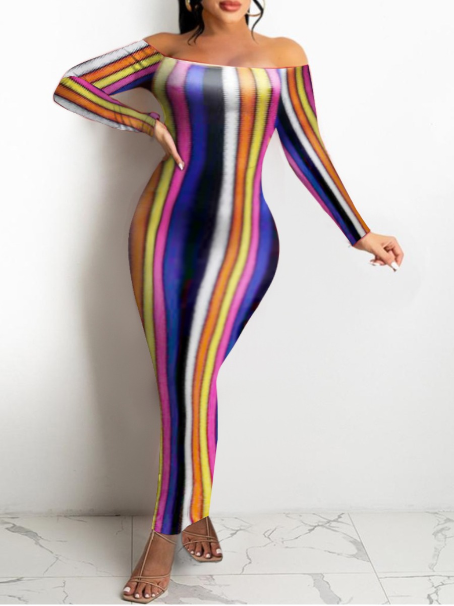 

LW SXY Off Shoulder Striped Bodycon Dress, Multicolor mstn