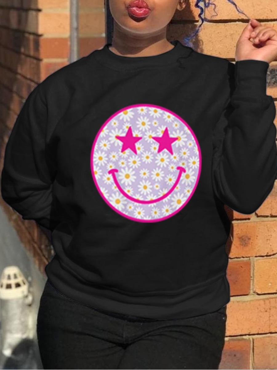 

LW Sunflower Cartoon Print Sweatshirt, Black