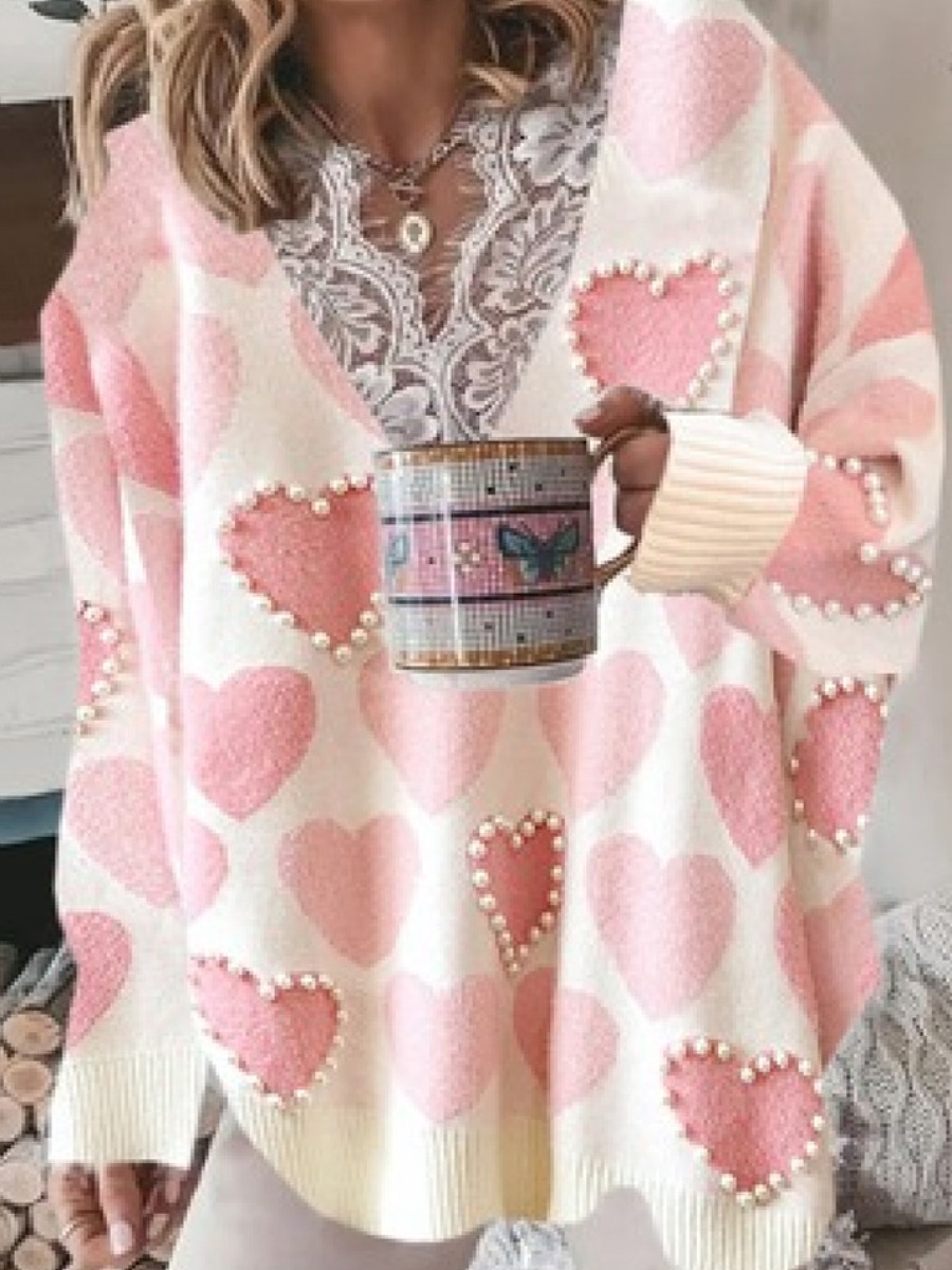 

LW Heart Pearl Decor Loose Sweater, Pink