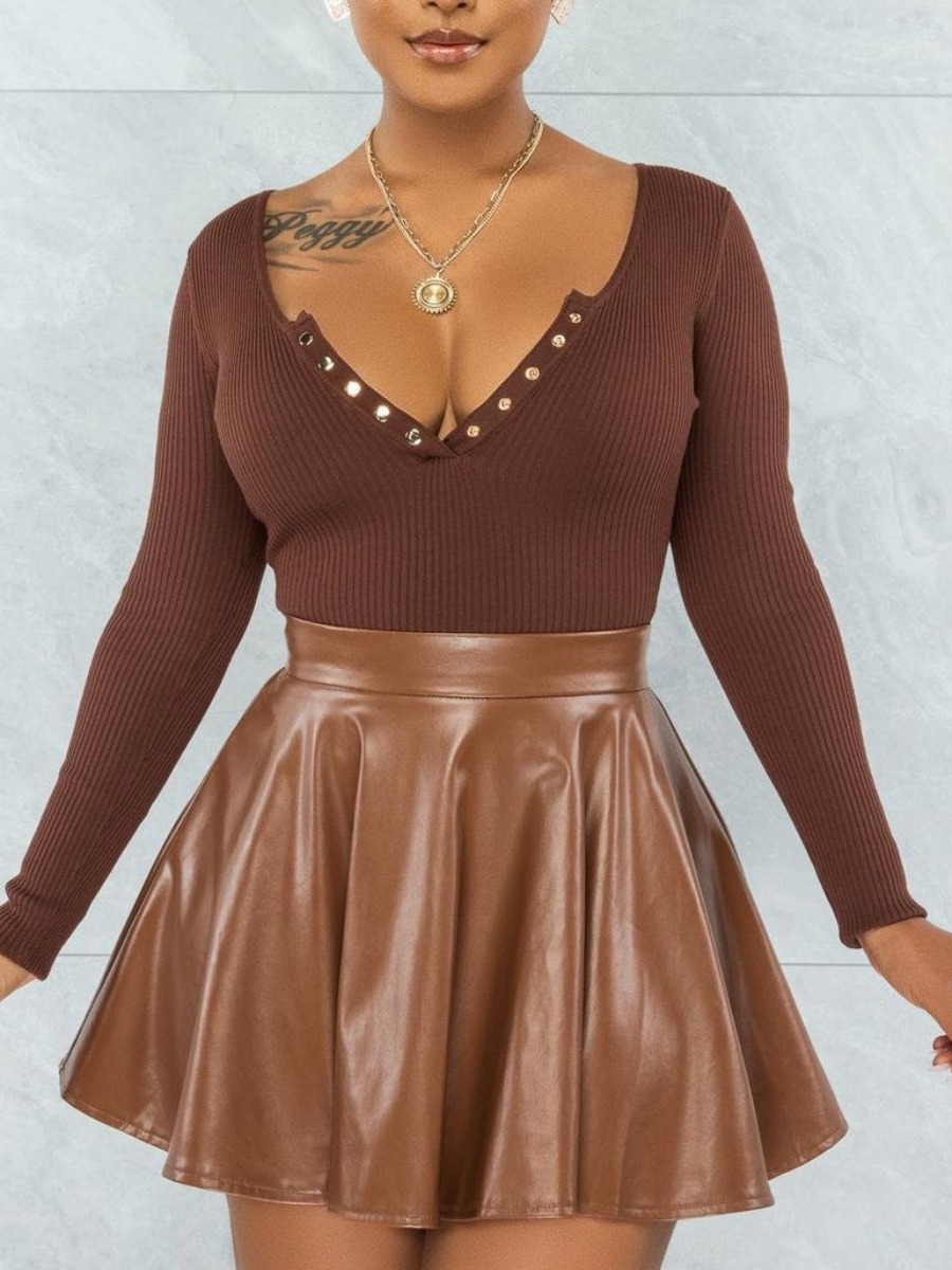 

LW Rib-Knit Leather Skirt Set, Brown