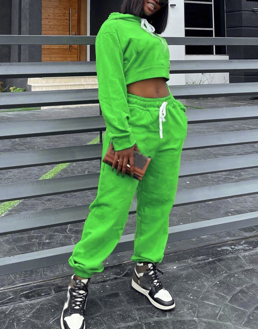 

LW Hooded Collar Drawstring Tracksuit Set, Green