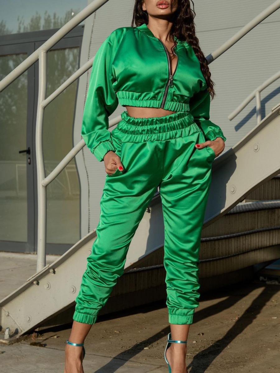 

LW Zipper Design Regular Fit Tracksuit Set, Green