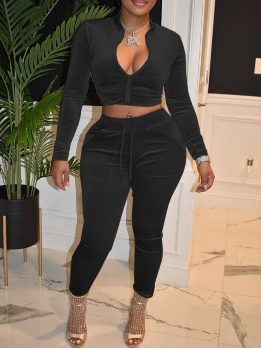 

LW Velvet Drawstring Tracksuit Set, Black