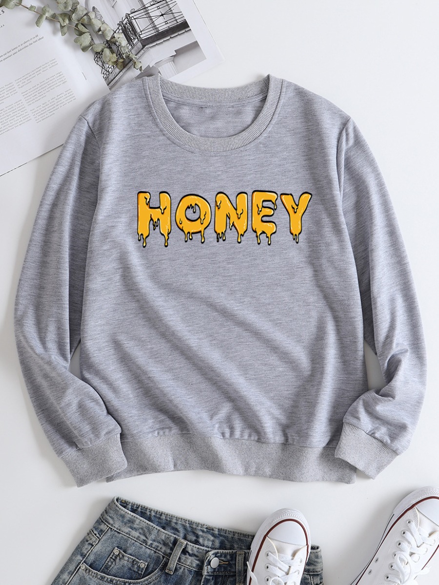 

LW Round Neck Letter Print Sweatshirt, Grey