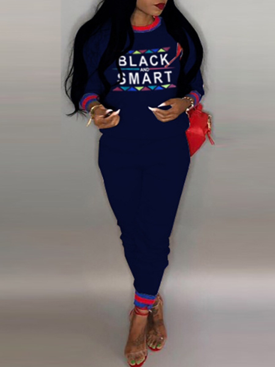 

LW Tribal Letter Print Kangaroo Pocket Tracksuit Set, Dark blue