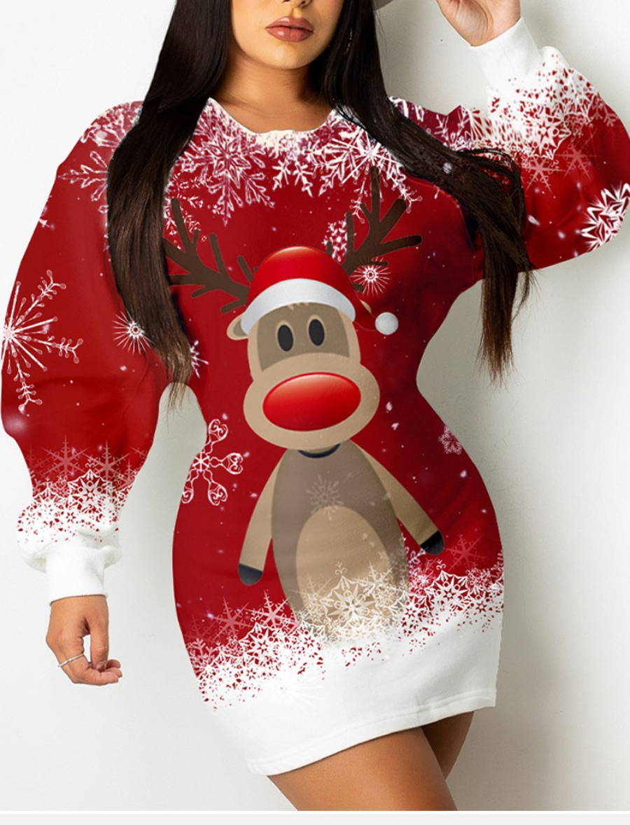

LW Christmas Day Cartoon Print Bodycon Dress, Red