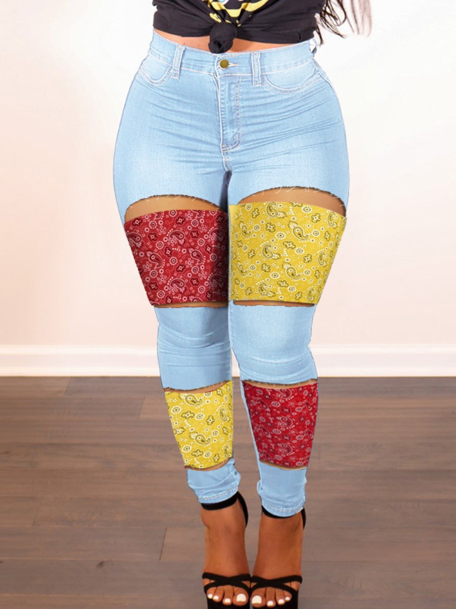 

LW Cashew Print Ripped Patchwork Skinny Jeans, Baby blue