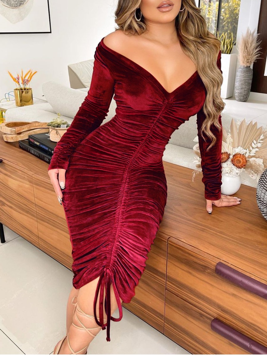 

LW SXY Velvet Ruched Drawstring Bodycon Dress, Wine red