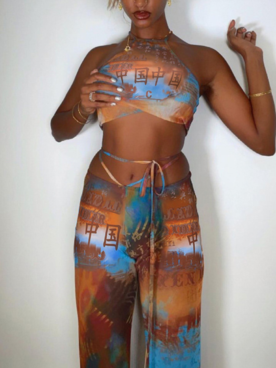 

LW SXY Chinese Character Print Tie-dye Pants Set, Brown