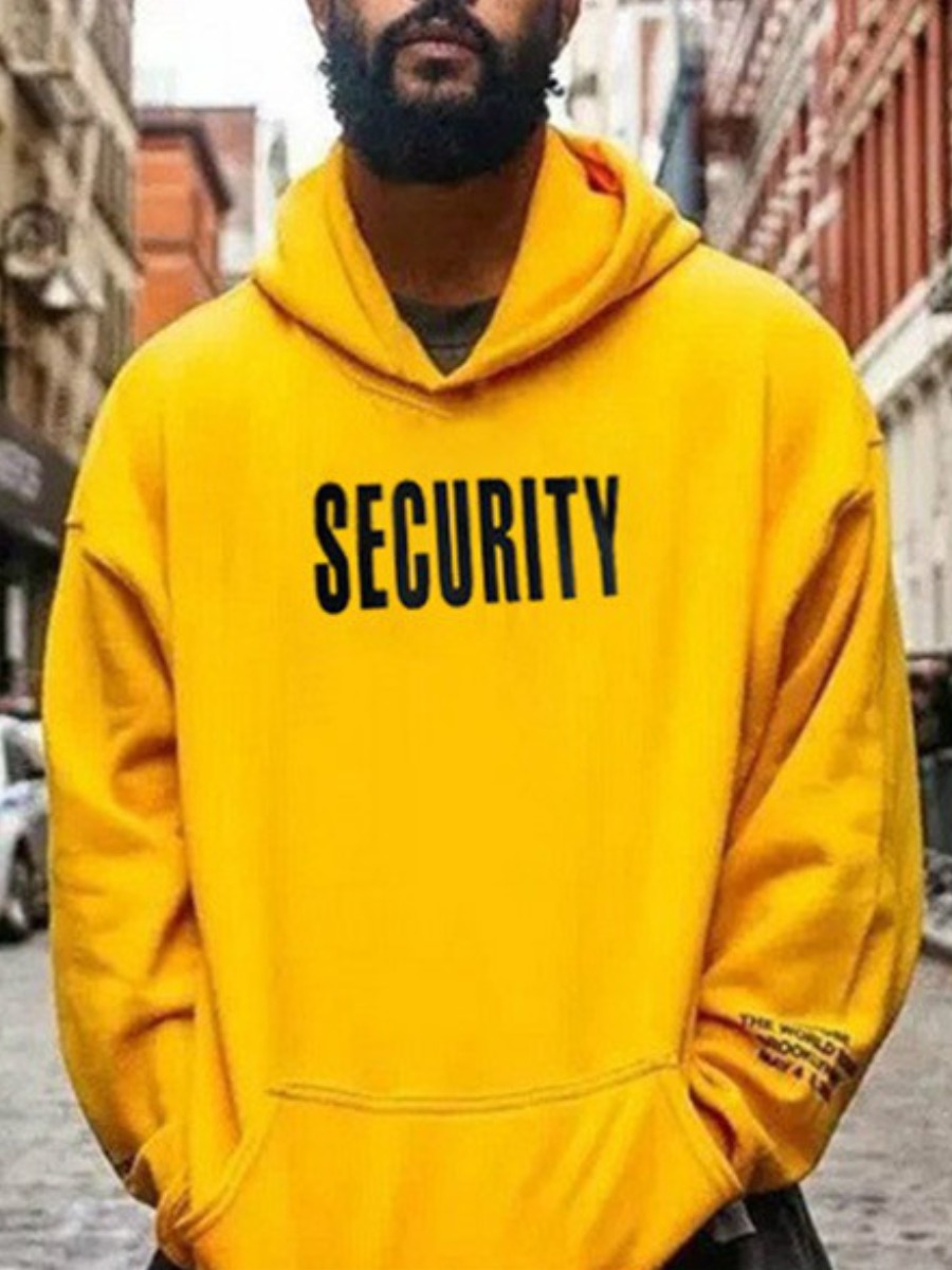 

LW COTTON Men Letter Print Kangaroo Pocket Hoodie, Yellow