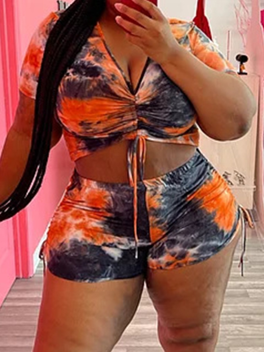 

LW Plus Size Tie-dye Drawstring Shorts Set, Orange