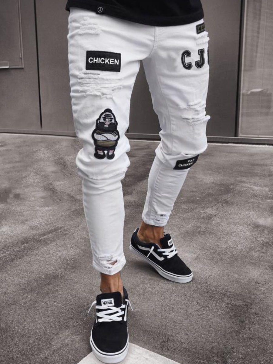 

LW Men Mid Waist Ripped Skinny Jeans, White