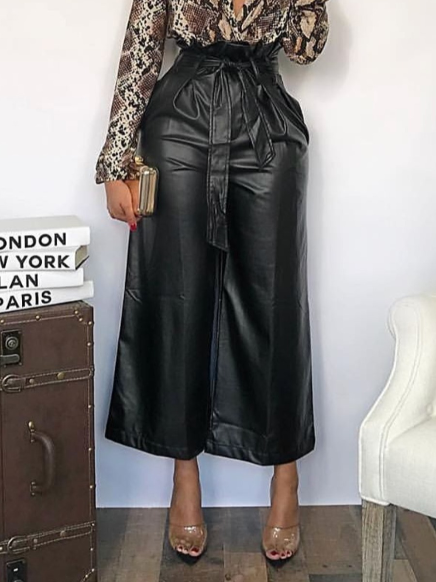 LW Leather Bandage Design Wide Leg Pants, Black
