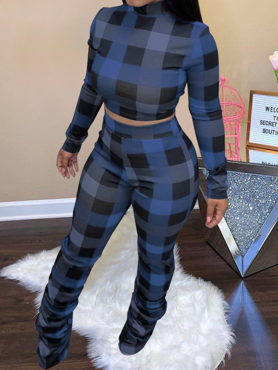LW Plaid Print Stacked Pants Set, Blue