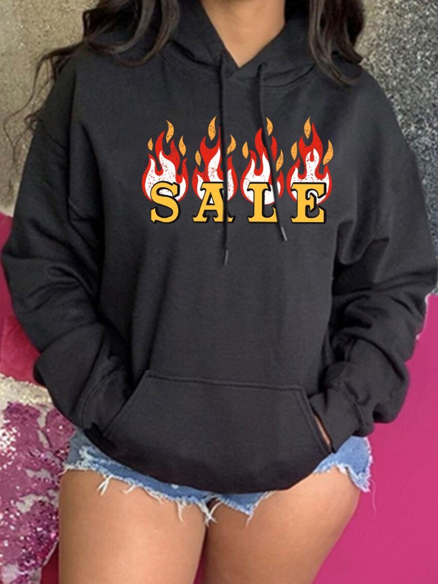 

LW Flame Letter Print Hoodie, Black