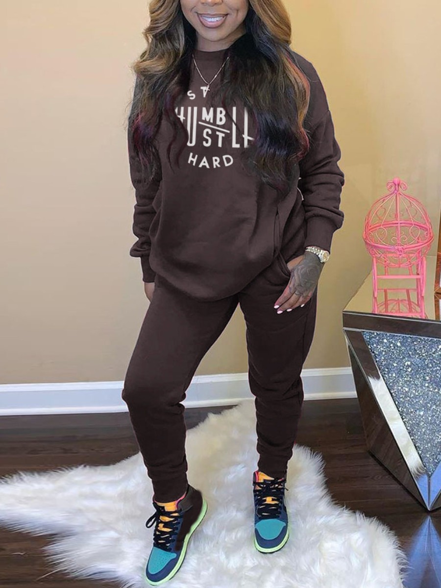 

LW Letter Print Oversized Pants Set, Coffee