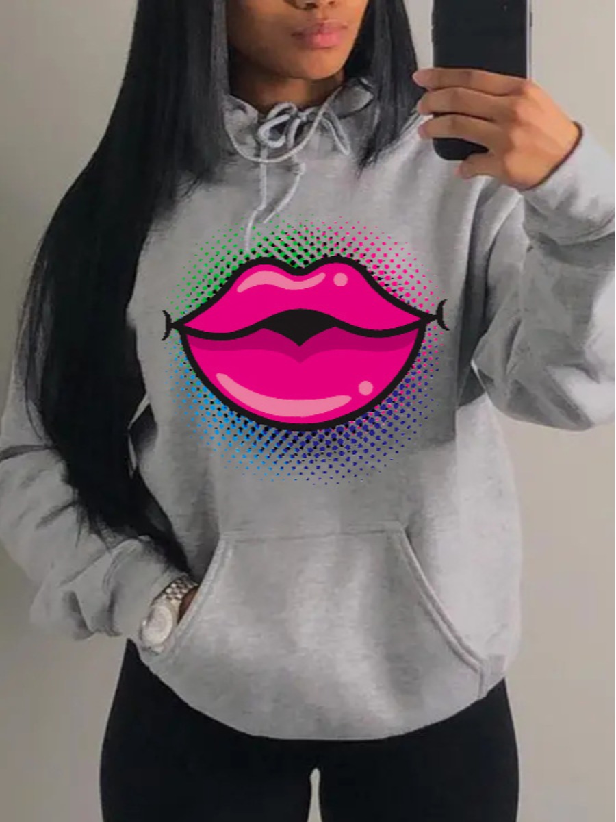 

LW Plus Size Gradient Lip Print Hoodie, Grey