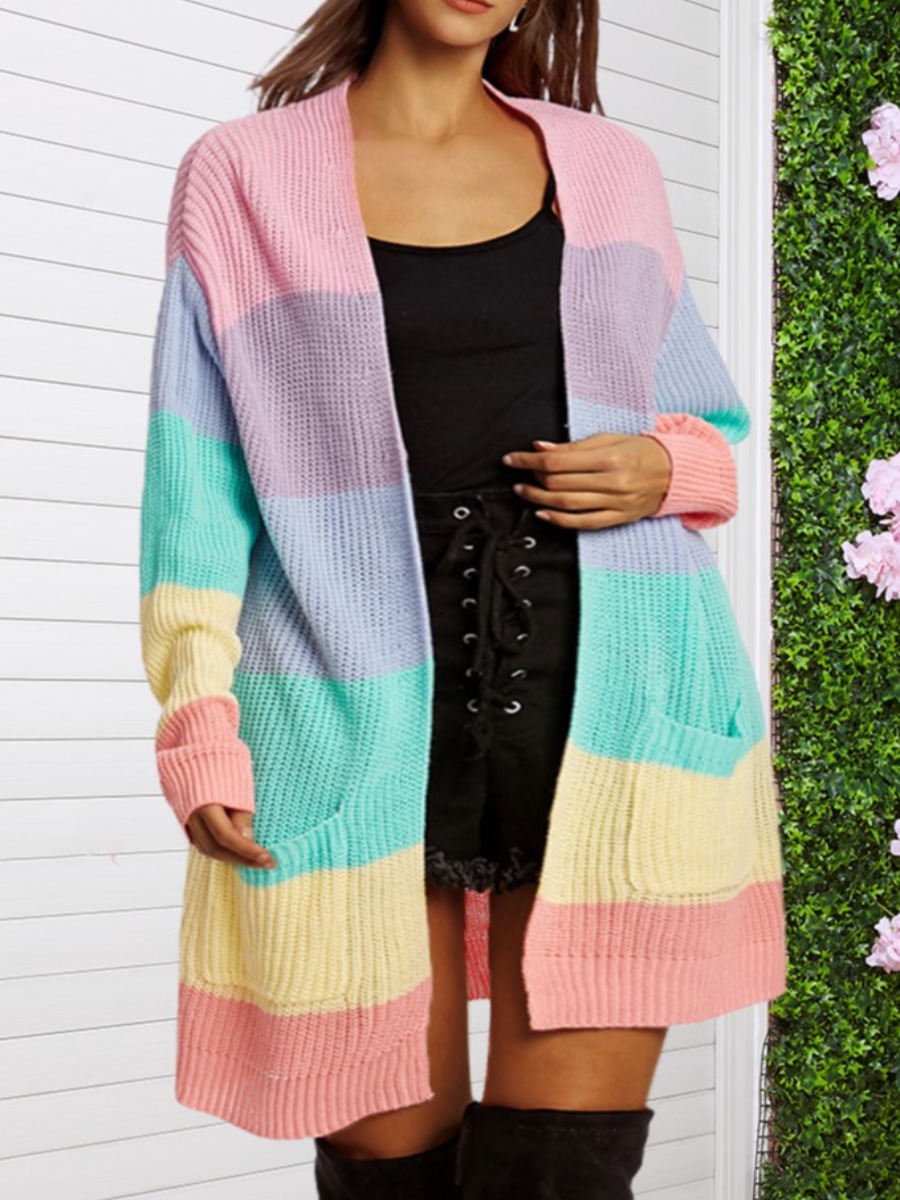 

LW Rib-Knit Striped Cardigan, Pink stripe