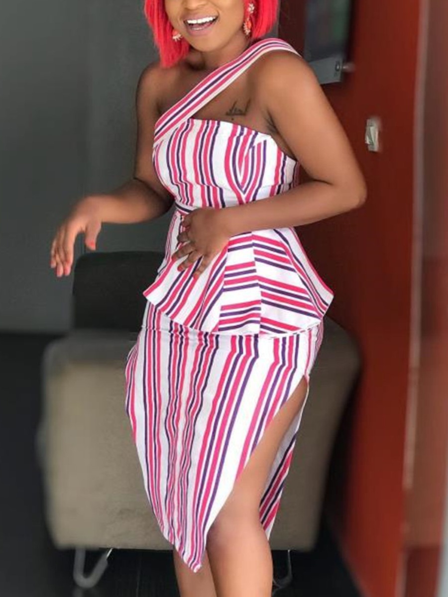 

LW SXY Ruffle Hem Double Split Striped Bodycon Dress, Pink