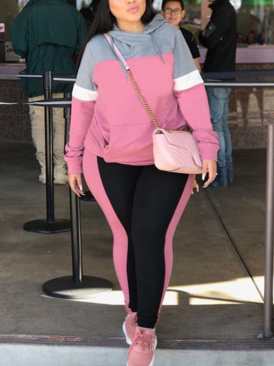 

LW Plus Size Kangaroo Pocket Patchwork Tracksuit Set, Pink