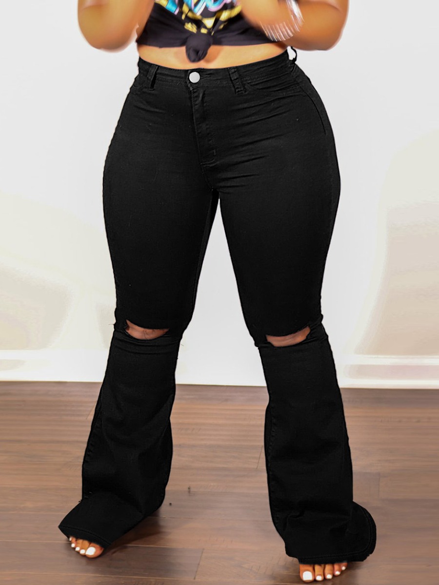 

LW High Stretchy Ripped Flared Jeans, Black