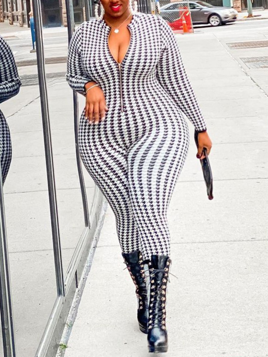 

LW Plus Size Geometric Print Zipper Design Jumpsuit, White