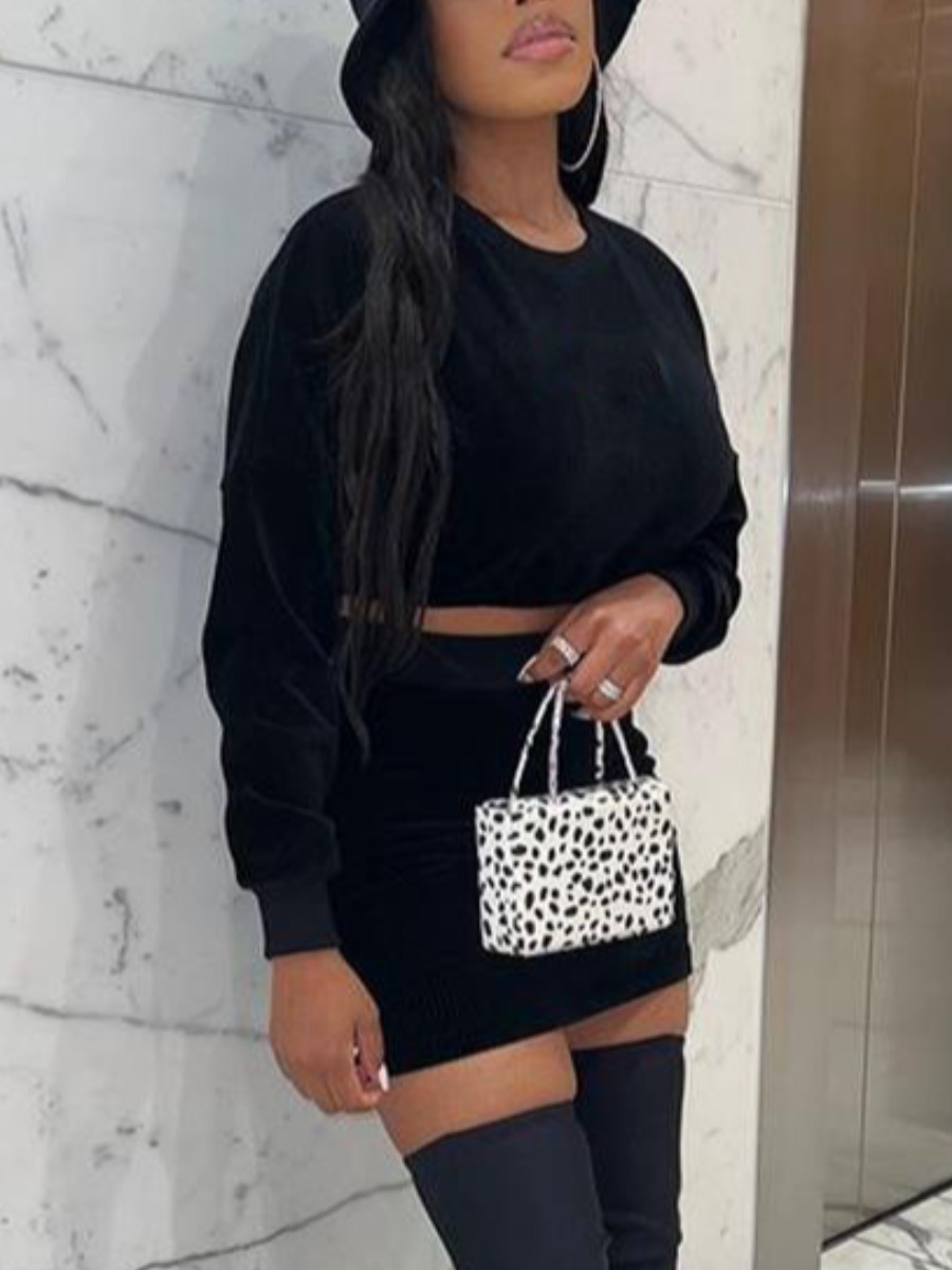 

LW BASICS Velvet Crop Top Skirt Set, Black