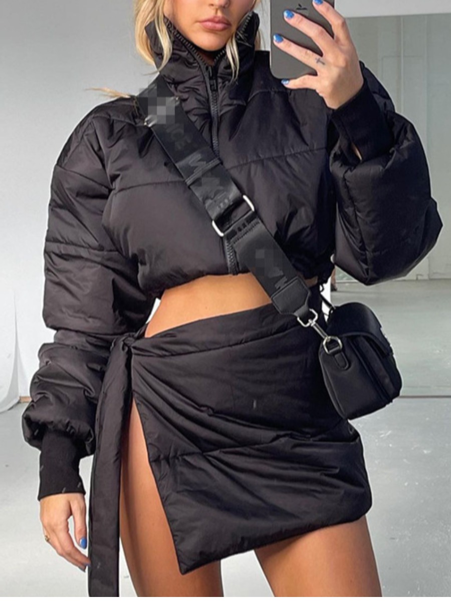 

LW COTTON Puffer Jacket Bandage Design Skirt Set, Black