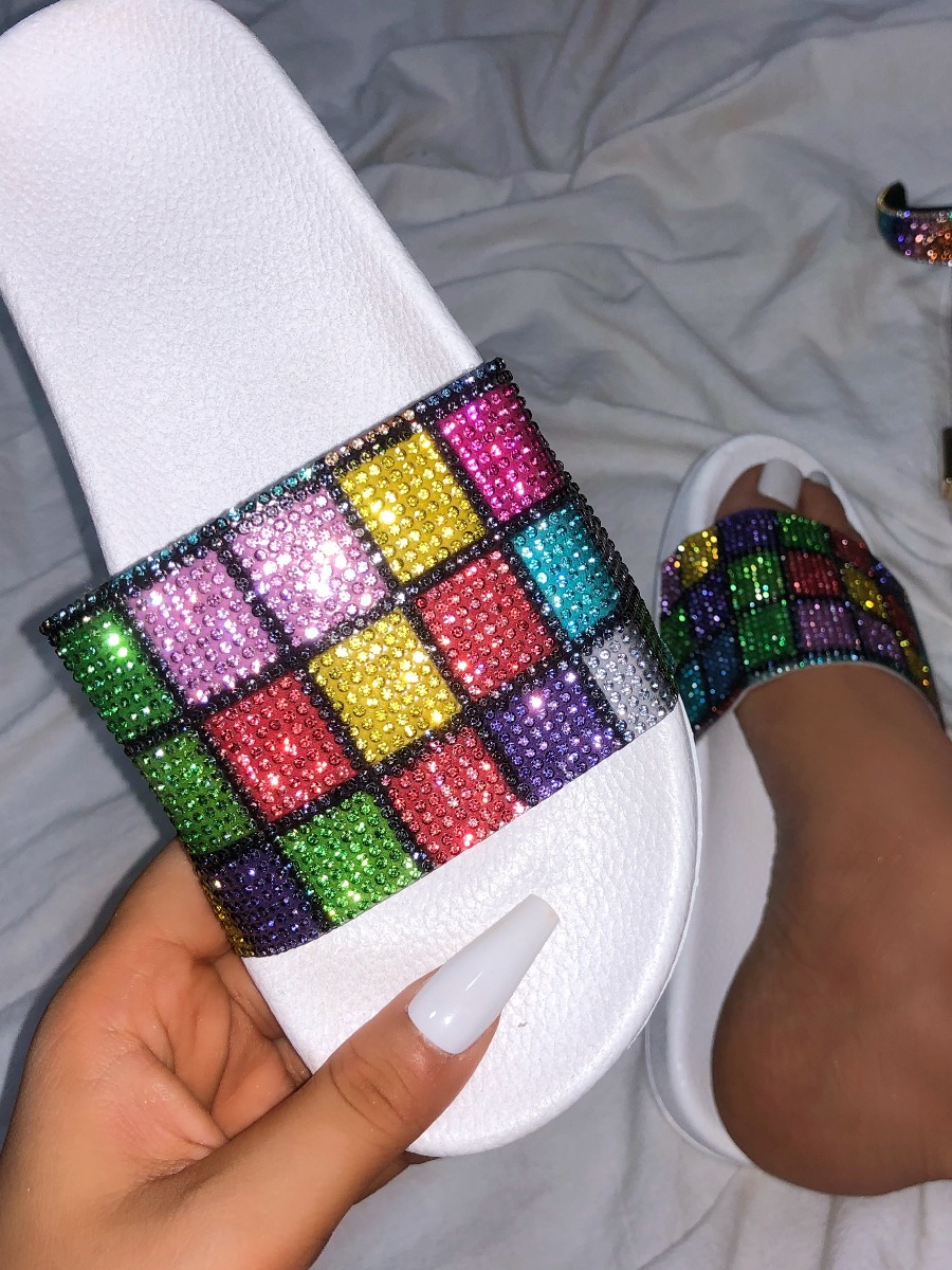 

LW Crystal Plaid Pattern Slippers, White