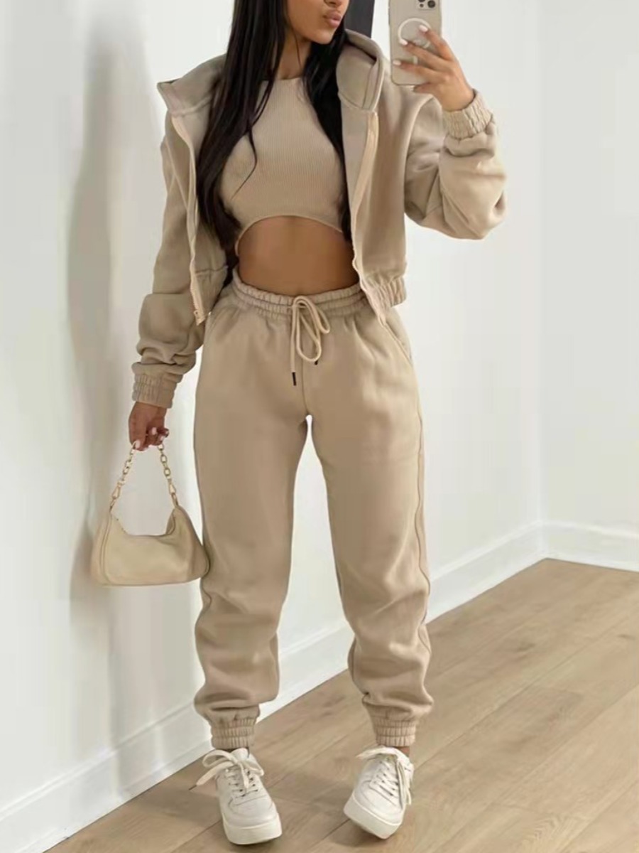 LovelyWholesale Hooded Collar Zip Up Solid Three-piece Tracksuit Set Fall Long Sleeve Casual Lace Up Turndown Collar Spring Summer 2024