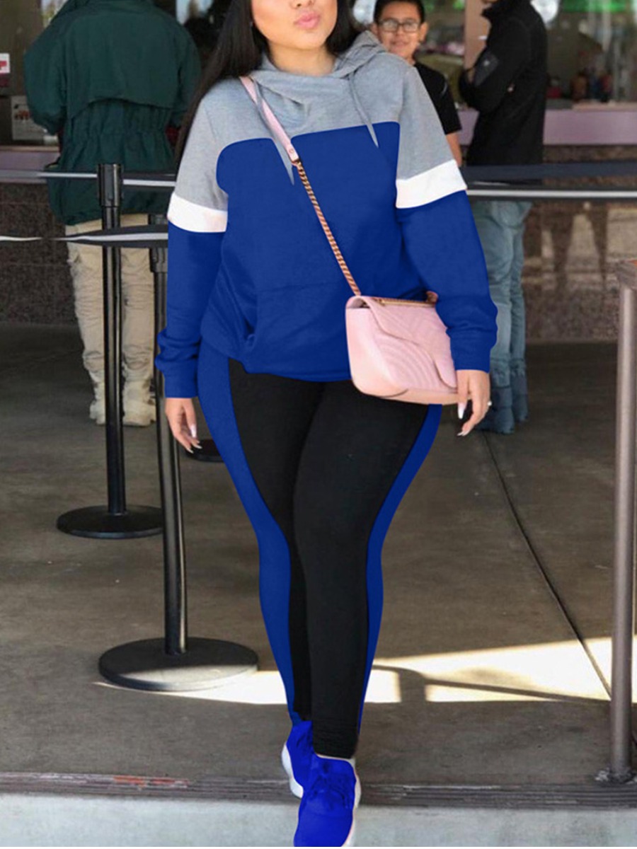 

LW Plus Size Kangaroo Pocket Patchwork Tracksuit Set, Blue