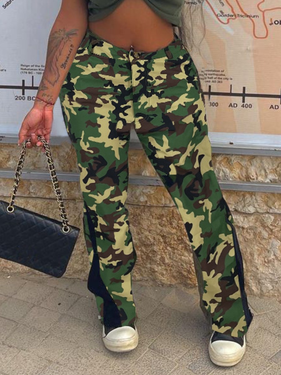 

LW Camo Print Pocket Design Flare Leg Pants, Army green camouflag