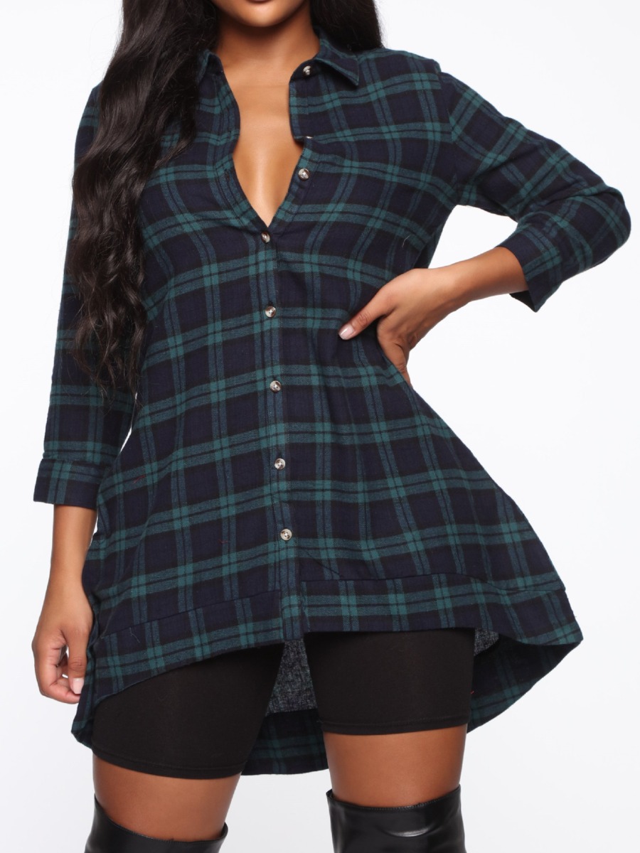 

LW Plaid Print A Line Shirt, Blue