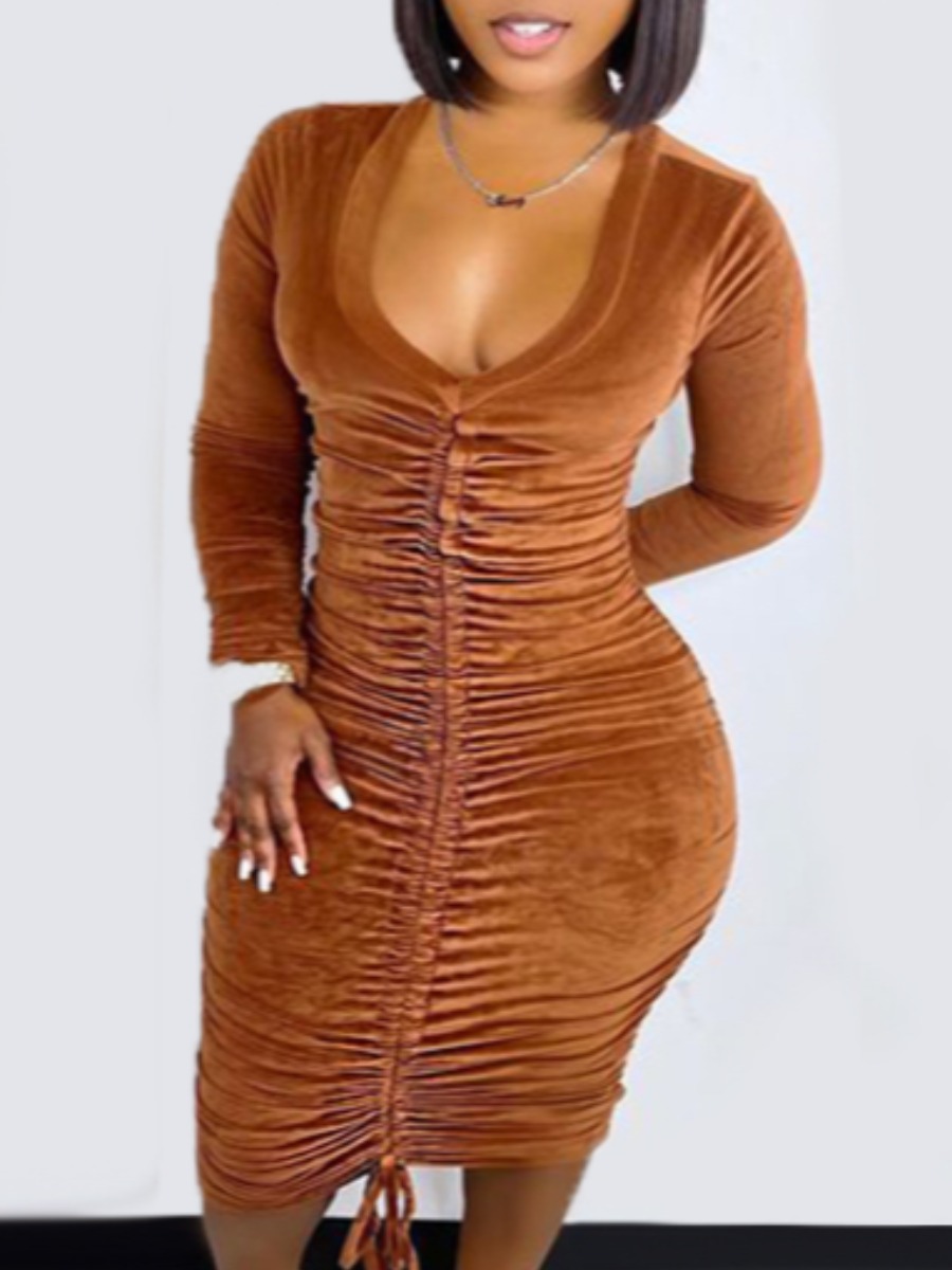 

LW SXY Velvet Ruched Drawstring Bodycon Dress, Brown