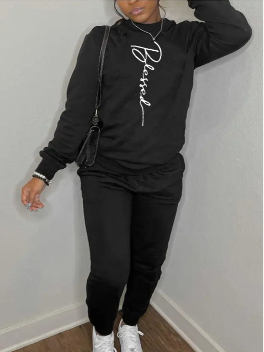 

LW Plus Size Round Neck Letter Print Tracksuit Set, Black