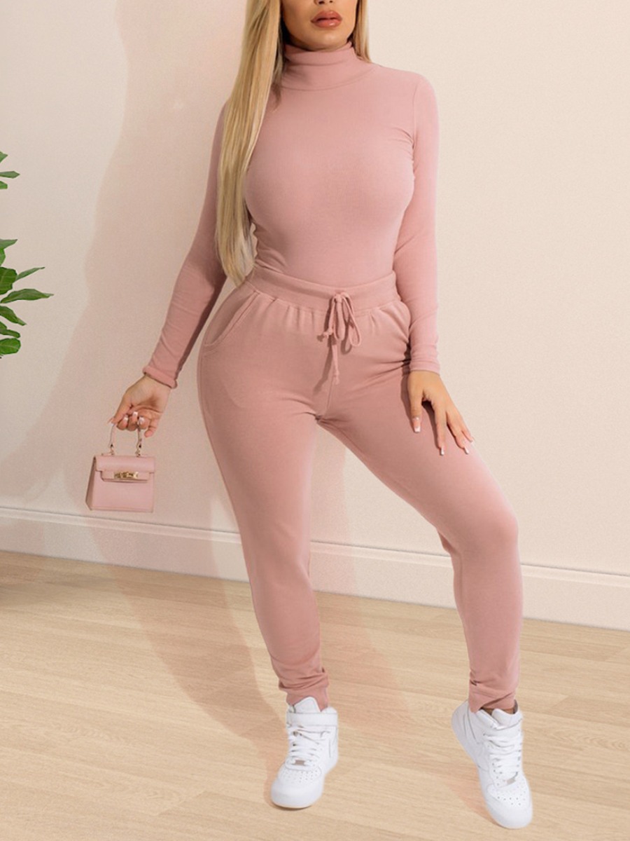 

LW BASICS Turtleneck Drawstring Pants Set, Pink