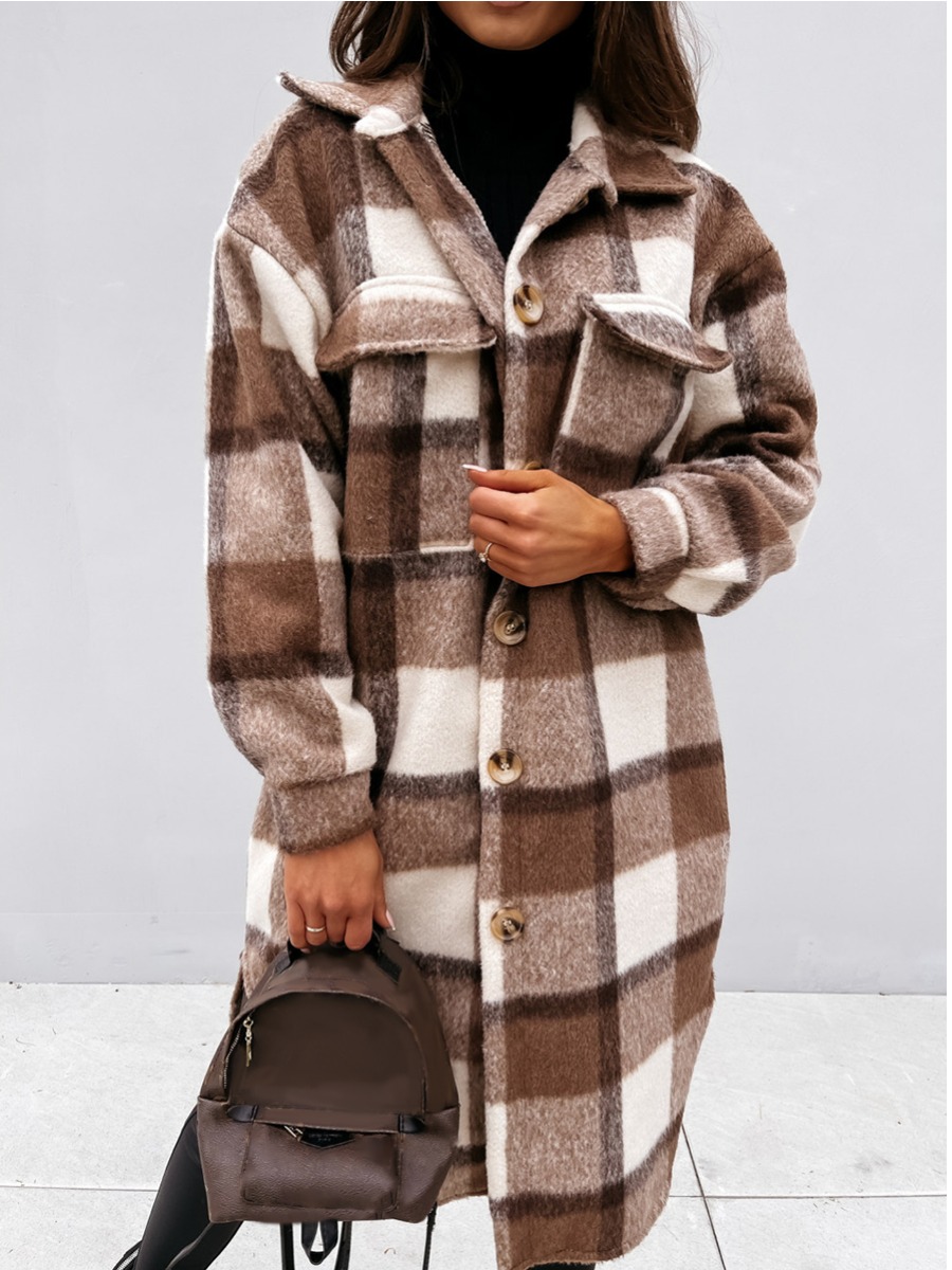 

LW Plaid Print Loose Wool Overcoat, Coffee