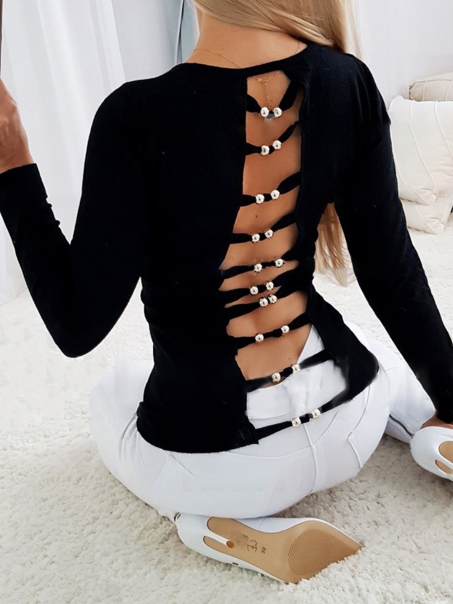 

LW SXY Hollow Out Metal Decor Skinny T-shirt, Black