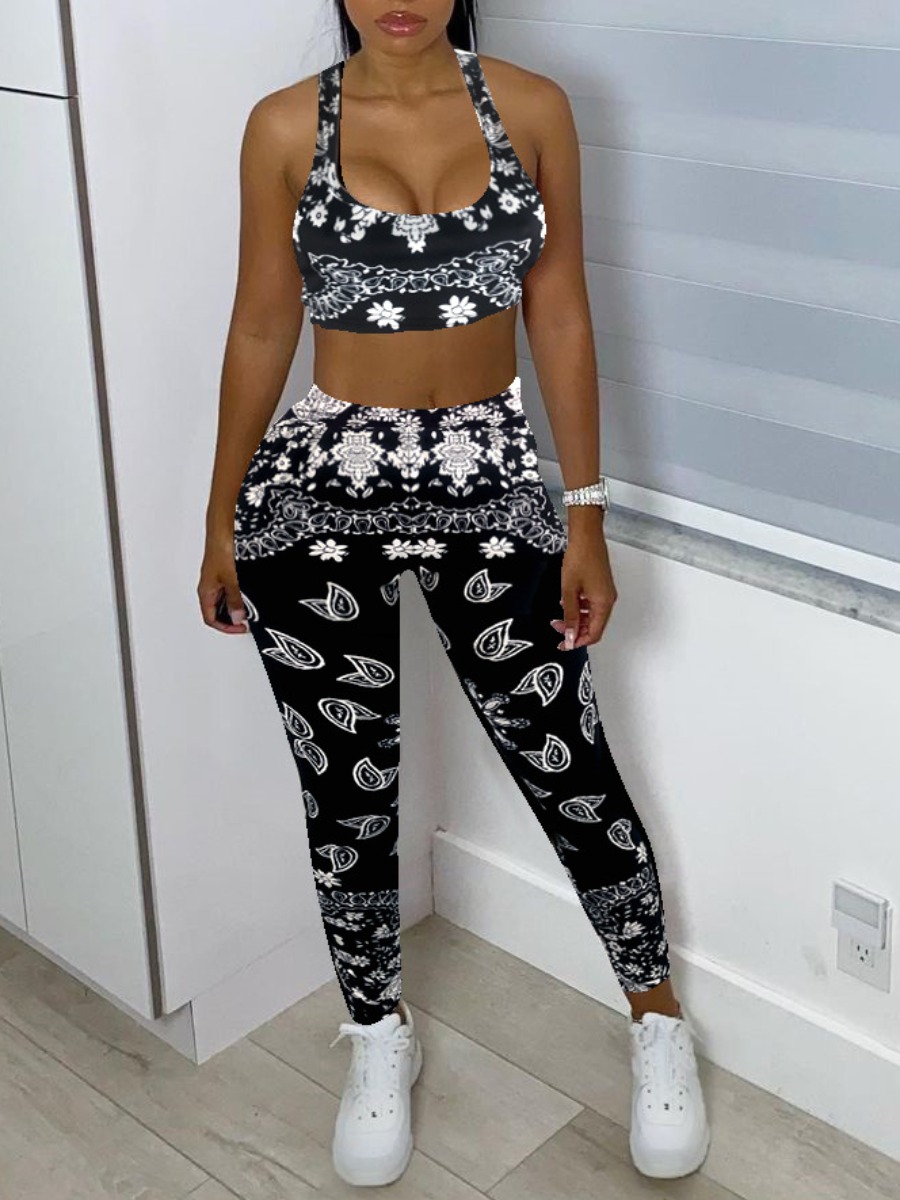 

LW U Neck Cashew Print Pants Set, Black