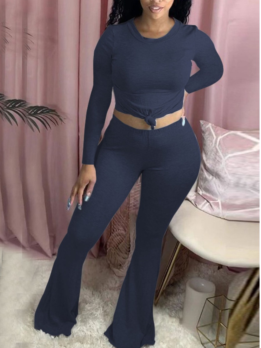 

LW BASICS Round Neck Flare Hem Solid Pants Set, Dark blue