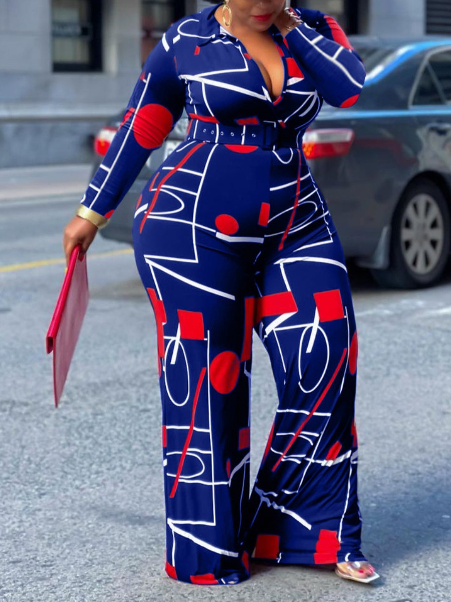 

LW Plus Size Geometric Print Belt Design Jumpsuit, Blue